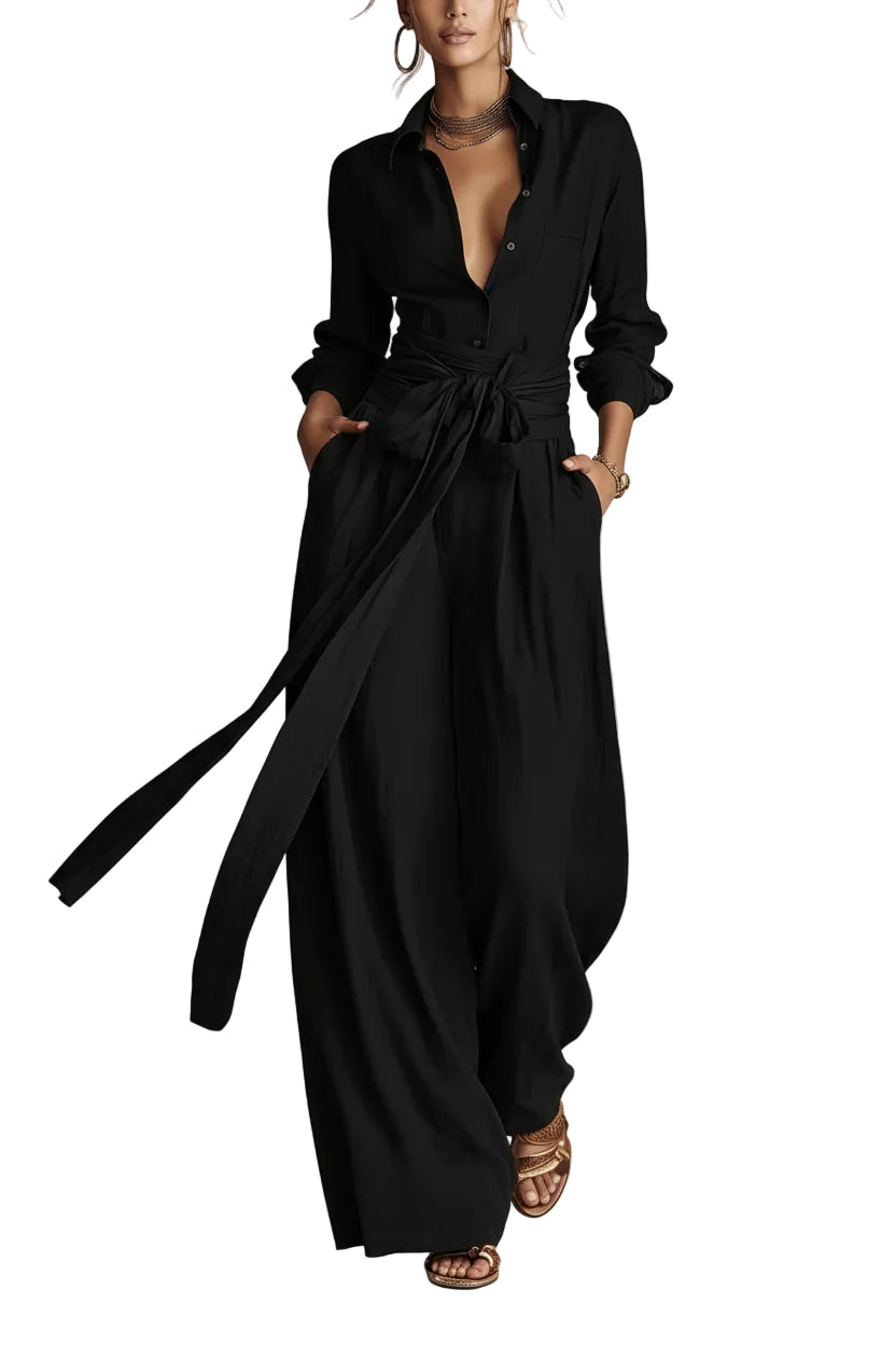 High Waist Short-Sleeve Top & Wide-Leg Pants Set in Black