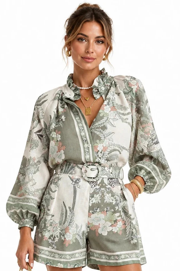 Floral Print Button-Down Shirt and Belted Shorts Two-Piece Set