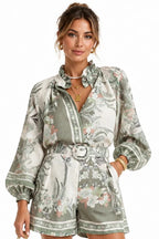 Floral Print Button-Down Shirt and Belted Shorts Two-Piece Set