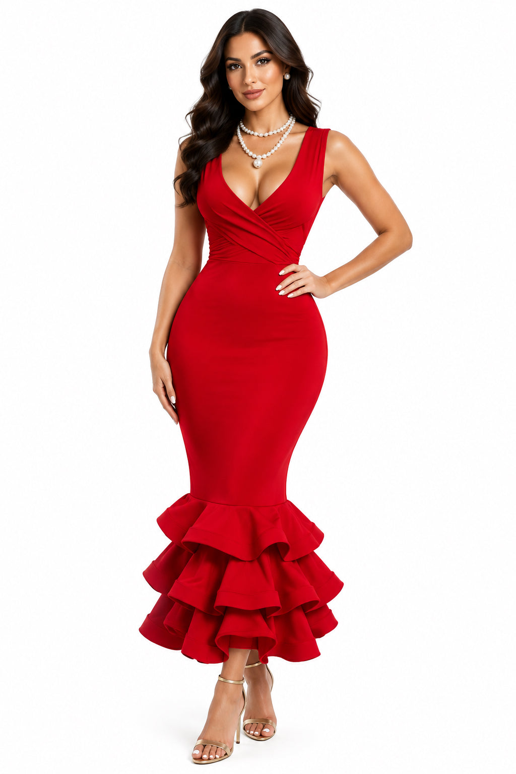 V-Neck Sleeveless Ruched Flared Maxi Dress – Women's Elegant Slim-Fit Evening Dress