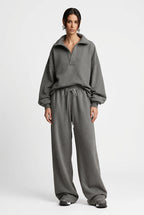 Relaxed Collared Top & Drawstring Straight-Leg Pants Set in Gray