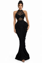Round Neck Pleated Mesh Long Sleeve Slim-Fit Maxi Dress – Women's Elegant Evening Gown