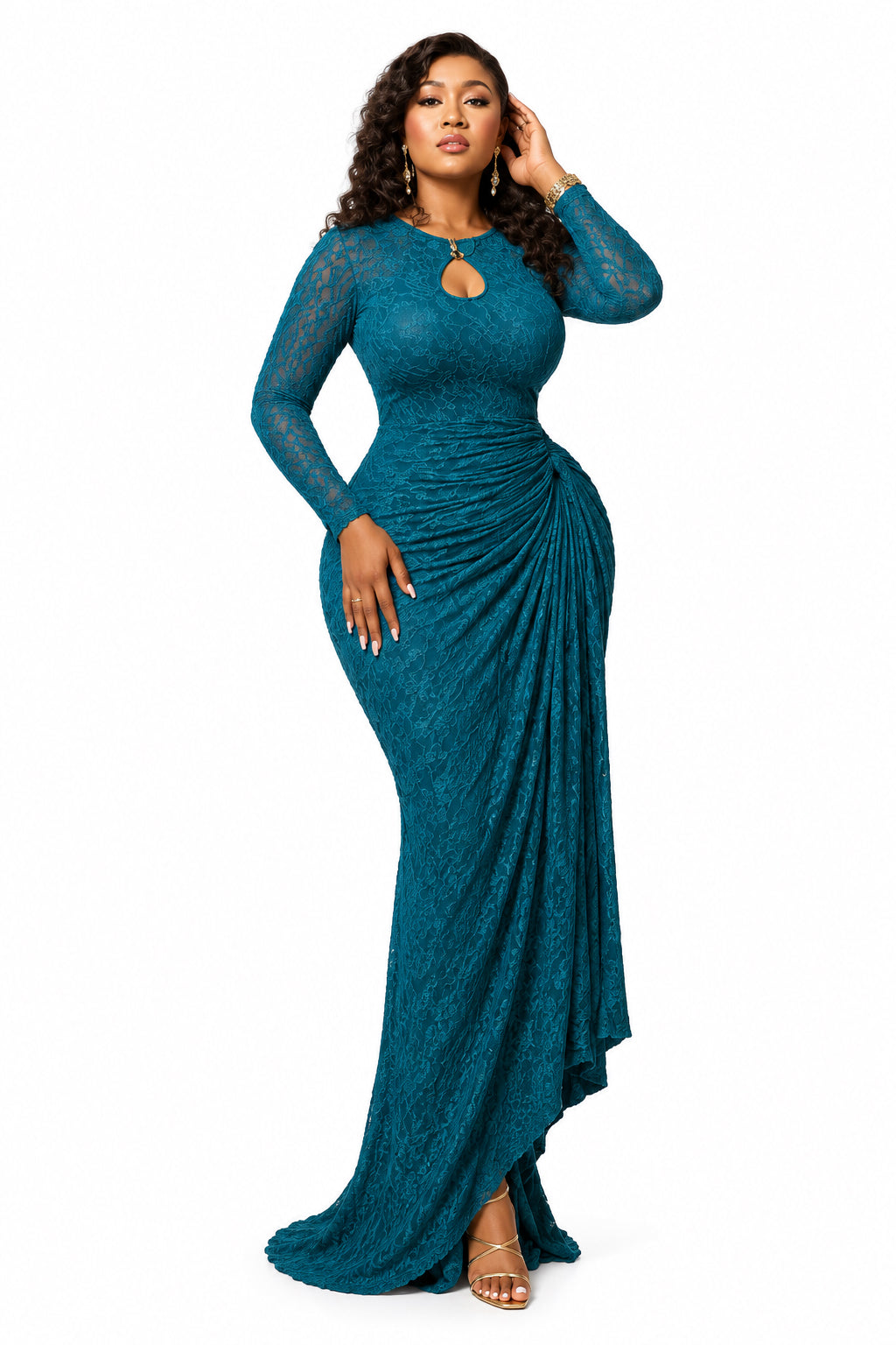 Jacquard Maxi Dress – Long Sleeve Ruched Bodycon with Tie Ribbon