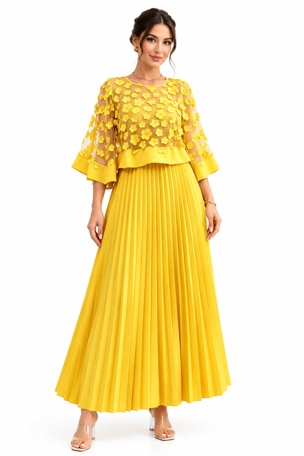 Plus Size Round-Neck Mesh Cape-Spliced Midi Dress – Women's Elegant Business Casual Dress