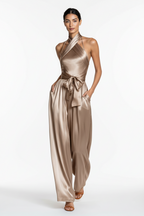 Women's Satin Waist-Cinching Slit Strap Evening Dress – Elegant Solid Color Gown