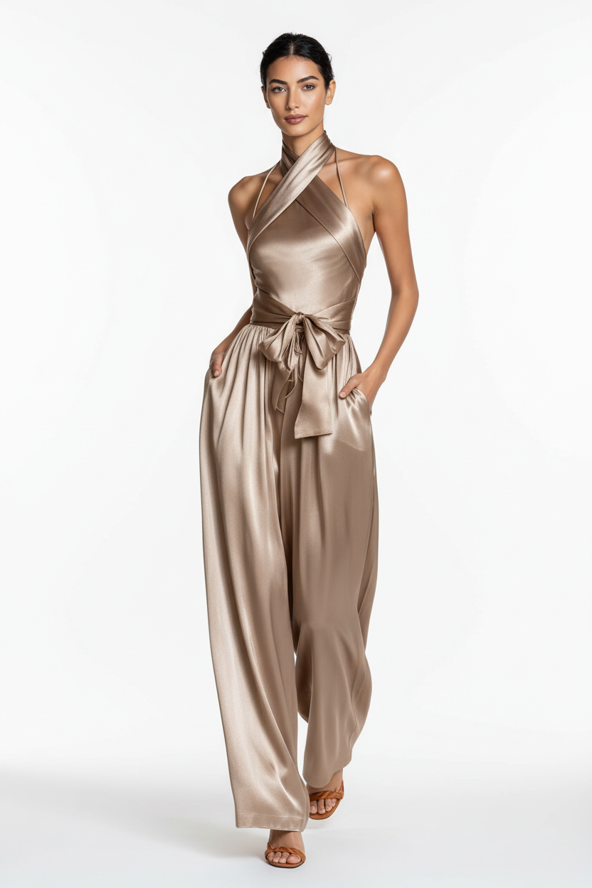 Women's Satin Waist-Cinching Slit Strap Evening Dress – Elegant Solid Color Gown