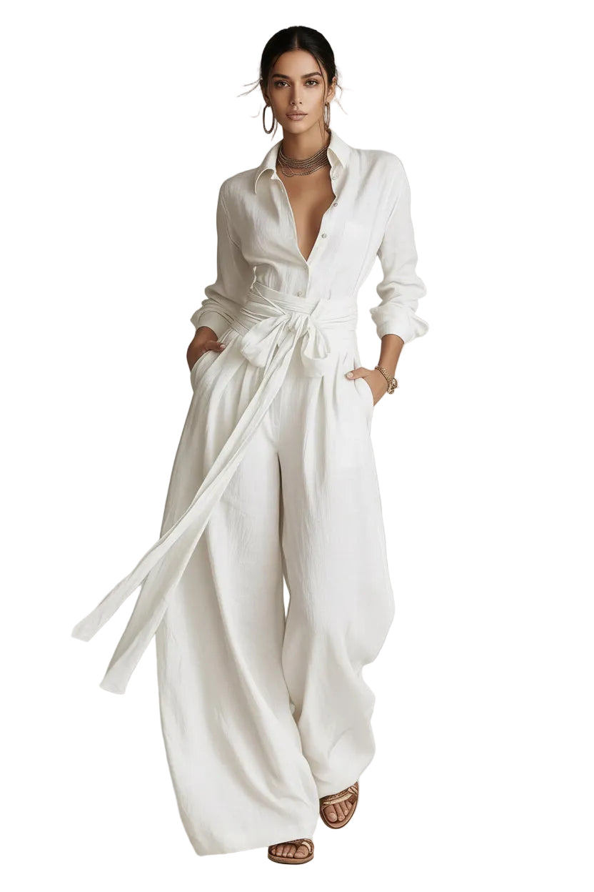 High Waist Short-Sleeve Top & Wide-Leg Pants Set in White