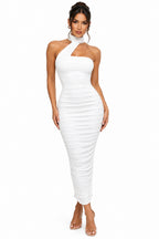 Deep V-Neck Sleeveless Pleated Tie-Ribbon Tube Top Maxi Dress – Women's Elegant Evening Gown