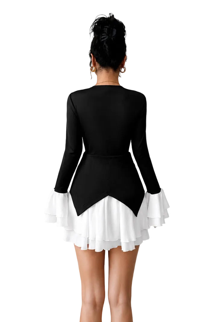 Color-Block Faux Two-Piece Pleated Ruffle Trim A-Line Mini Dress – Women's Elegant Long Sleeve Dress