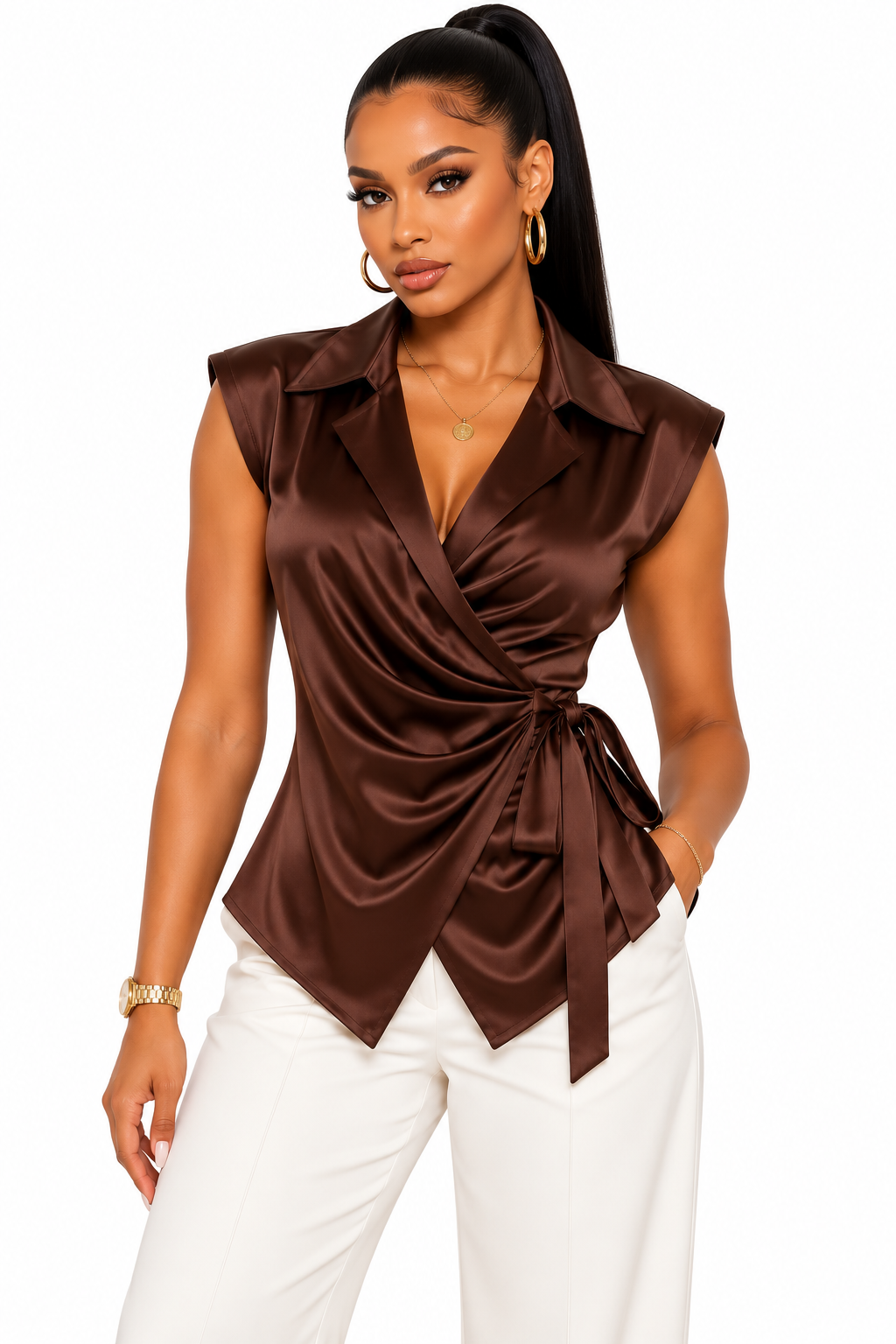 Satin Sleeveless Wrap Blouse with Side Tie – Women's Deep V Lapel Collar Top