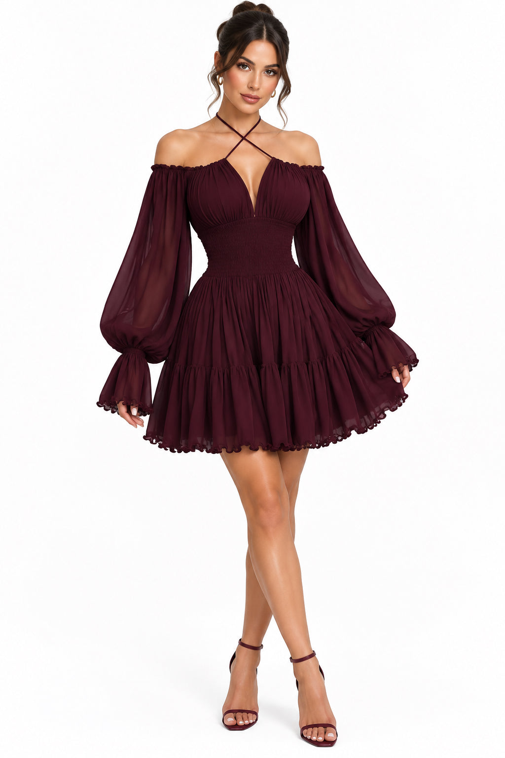 V-Neck Cross-Tie Mesh Long Sleeve High-Waist Flared Mini Dress – Women's Sweet Vacation Dress
