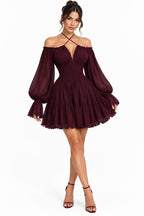 V-Neck Cross-Tie Mesh Long Sleeve High-Waist Flared Mini Dress – Women's Sweet Vacation Dress