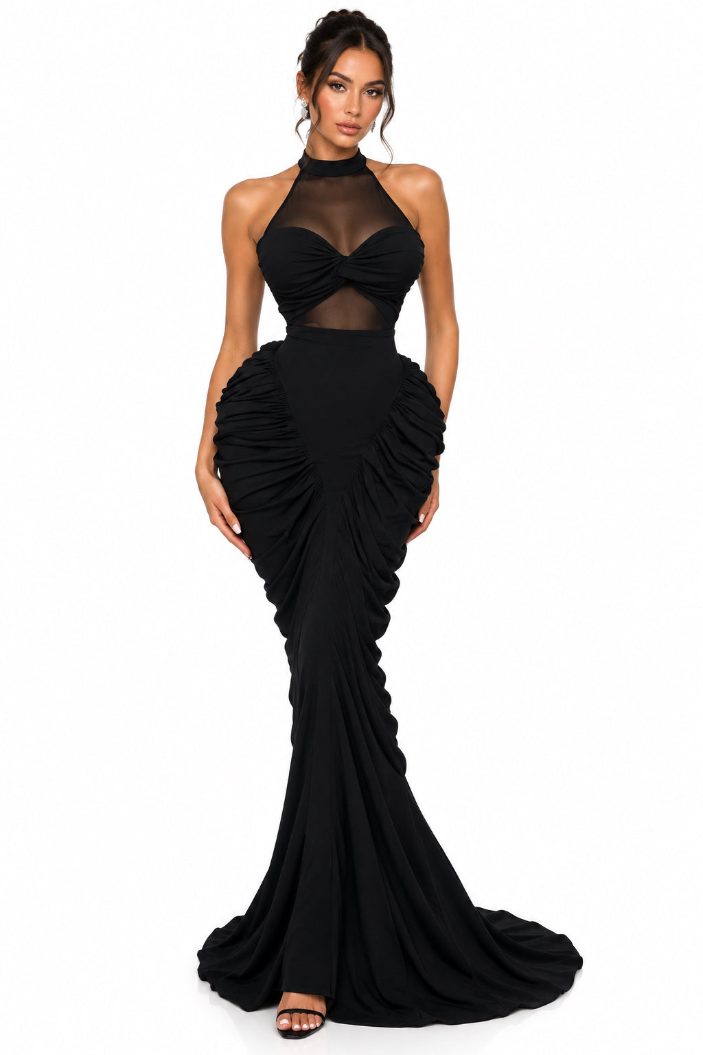 Round Neck Pleated Mesh Long Sleeve Slim-Fit Maxi Dress – Women's Elegant Evening Gown