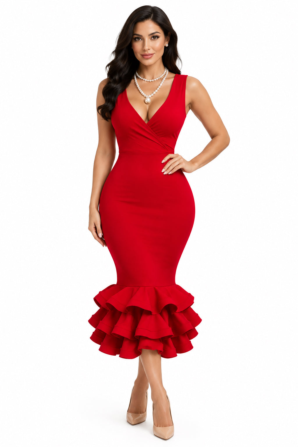 V-Neck Sleeveless Ruched Flared Maxi Dress – Women's Elegant Slim-Fit Evening Dress