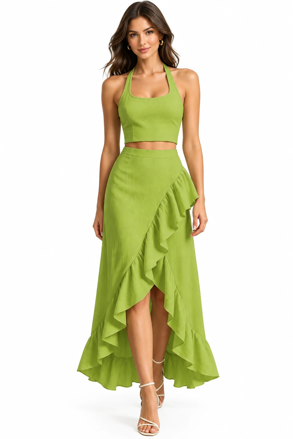 Halter Neck Crop Top and High-Low Maxi Skirt Two-Piece Set in Green