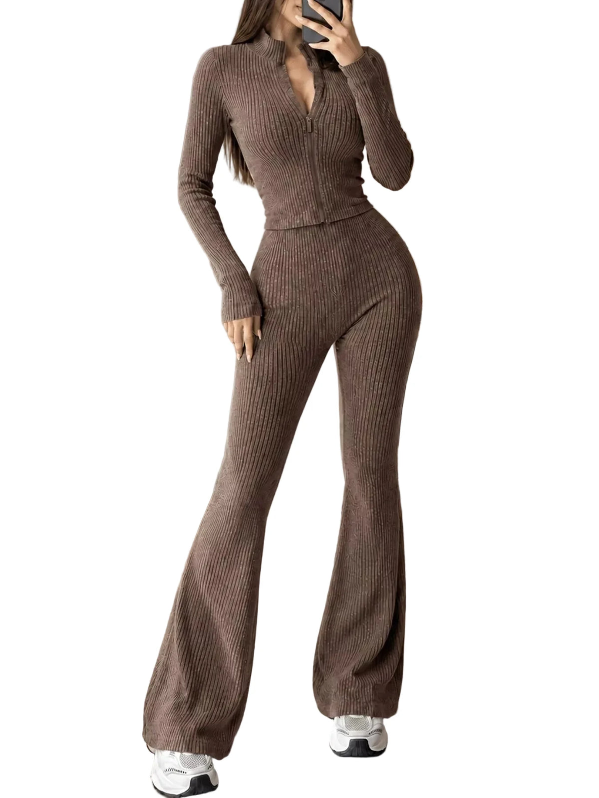 Ribbed Zip-Up Cardigan and Pants Knit Set in Coffee Brown