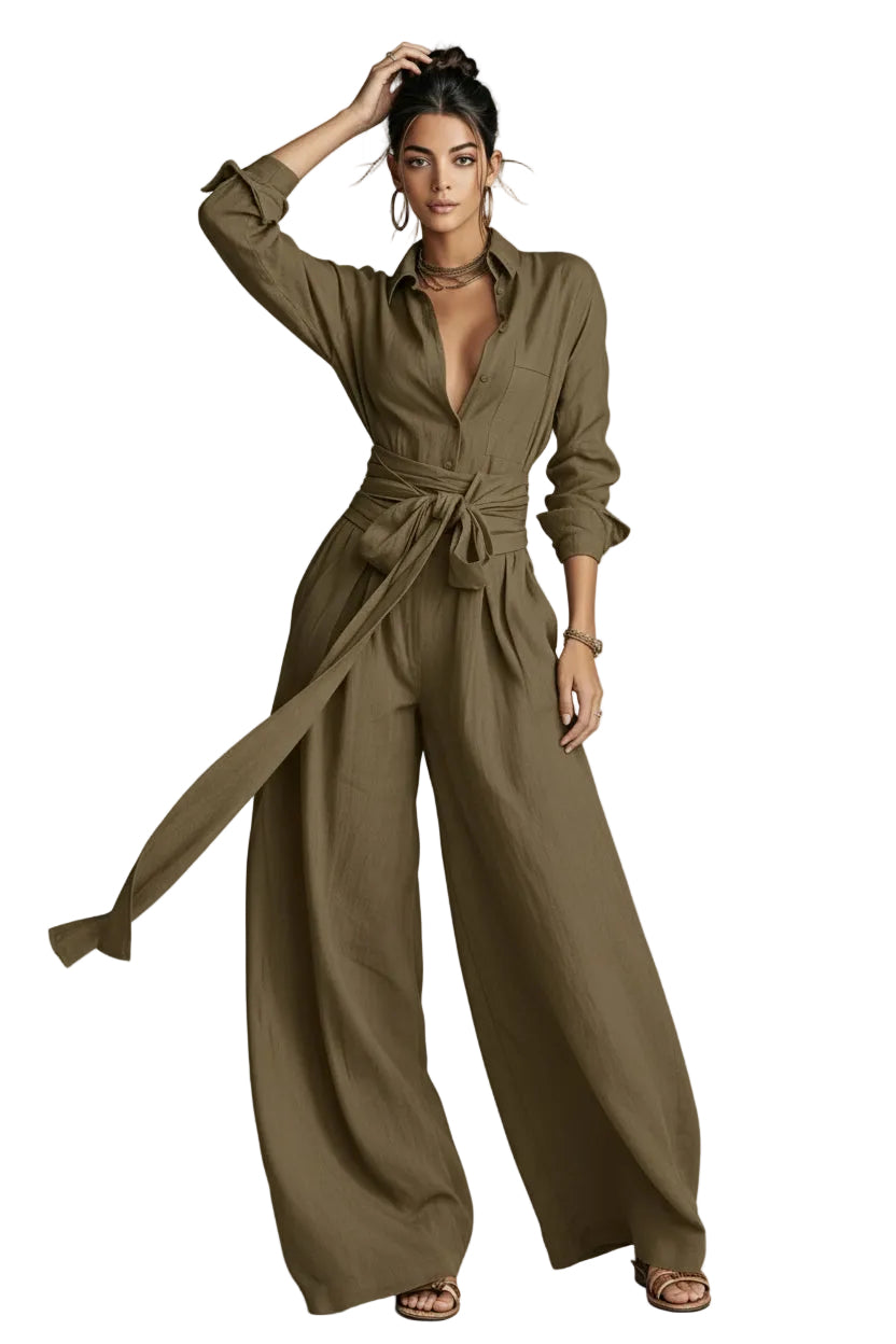 High Waist Short-Sleeve Top & Wide-Leg Pants Set in Army green
