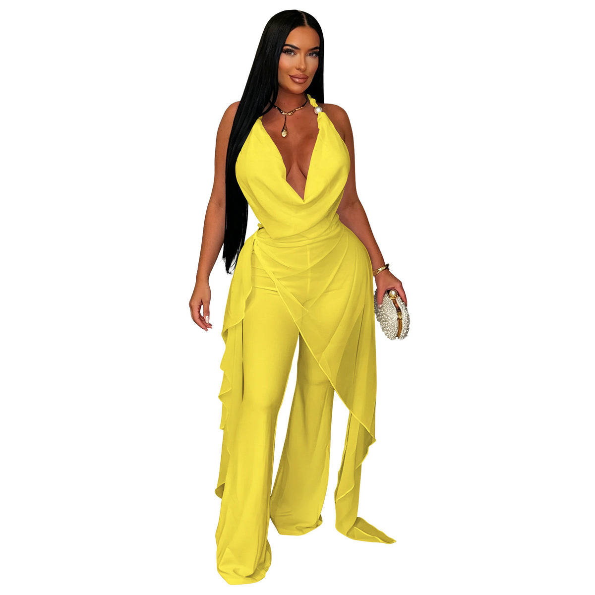 Halter Neck Asymmetrical Ribbon Top & Wide-Leg Trousers Set in Yellow