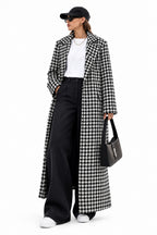 Houndstooth Suit-Collar Extra-Long Coat – Women's Classic Black Trench Coat