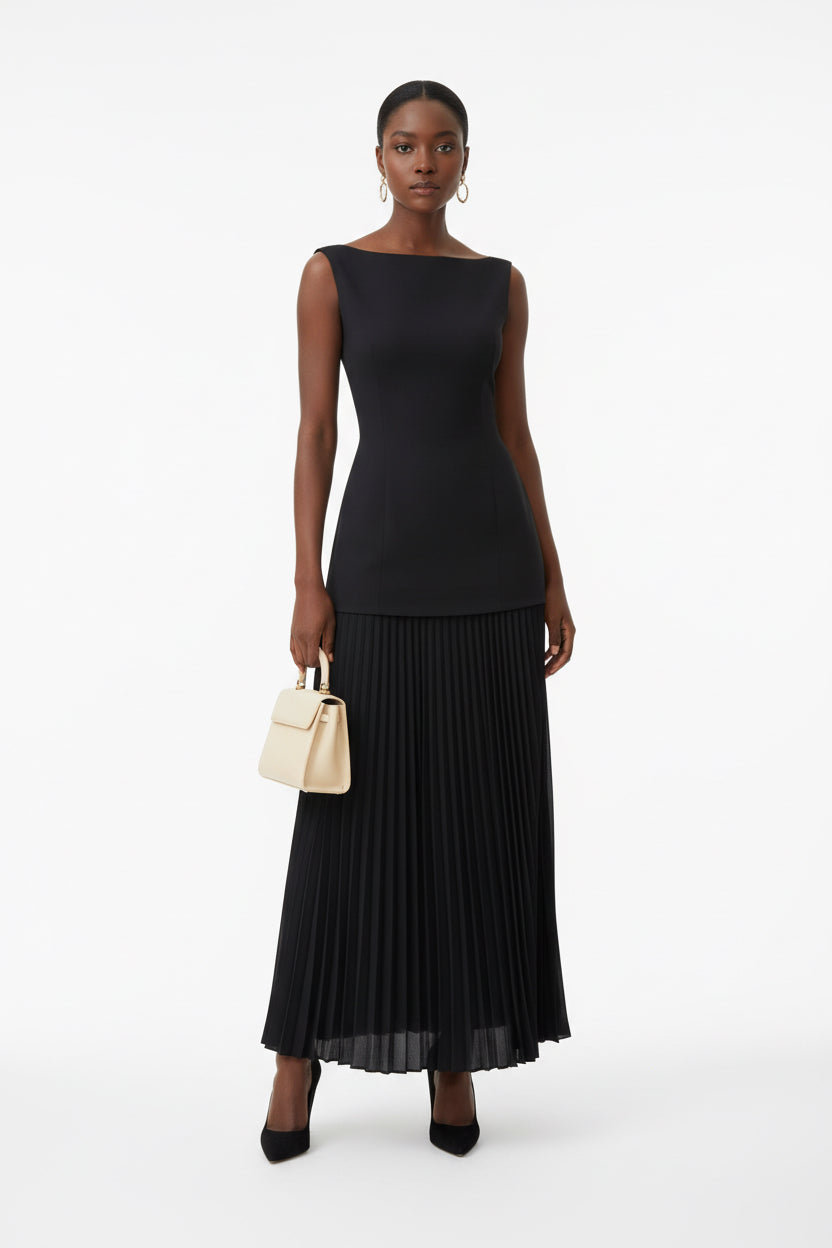 Sleeveless Knit Vest & Skirt Two-Piece Set in Black