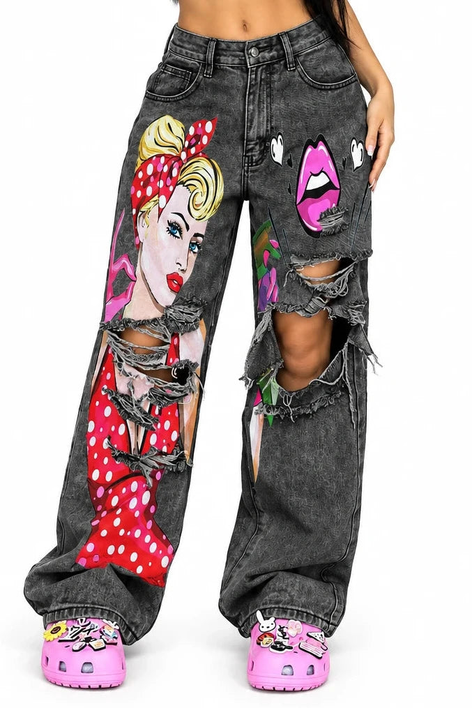 Full Size Art Print Distressed Wide-Leg Jeans Plus Size