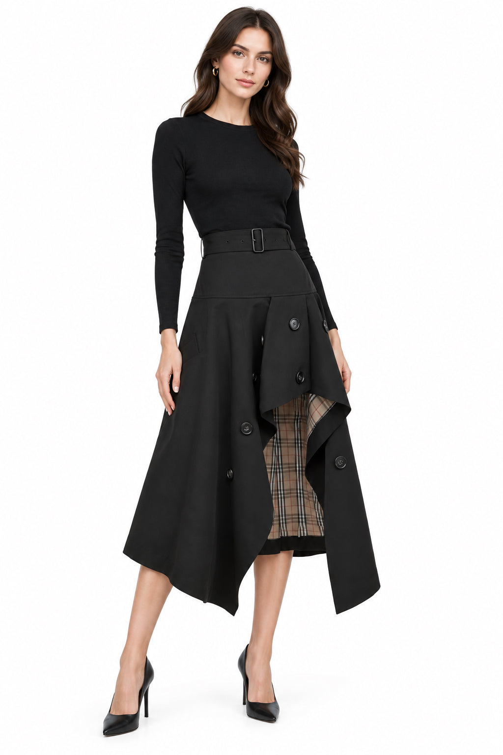 High-Waist Elastic-Waist Spliced A-Line Flared Midi Skirt – Women's Casual Everyday Skirt