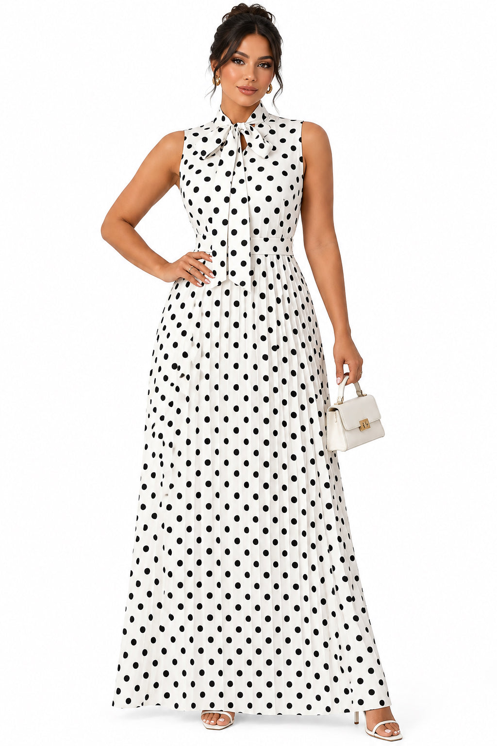 Plus Size Polka Dot Sleeveless Tie-Waist A-Line Midi Dress – Women's Elegant Curvy Dress