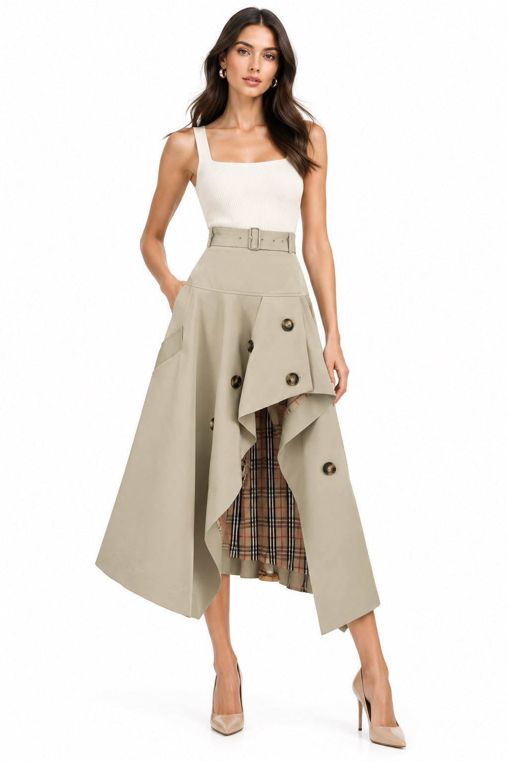 High-Waist Elastic-Waist Spliced A-Line Flared Midi Skirt – Women's Casual Everyday Skirt