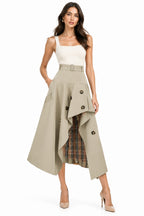 High-Waist Elastic-Waist Spliced A-Line Flared Midi Skirt – Women's Casual Everyday Skirt