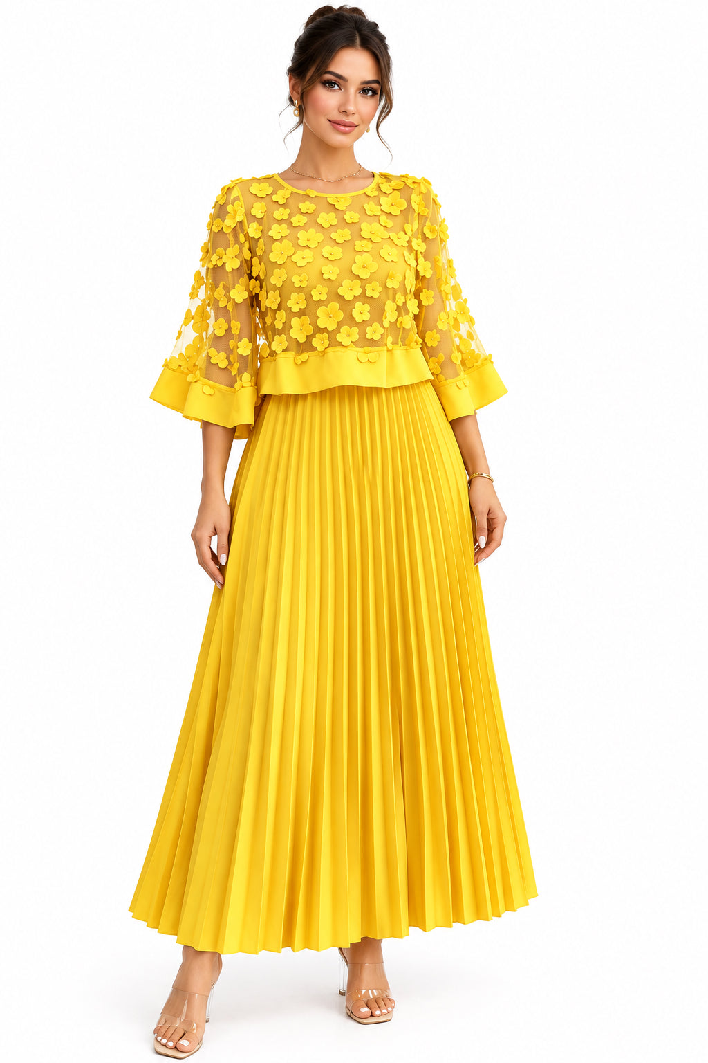 Plus Size Round-Neck Mesh Cape-Spliced Midi Dress – Women's Elegant Business Casual Dress