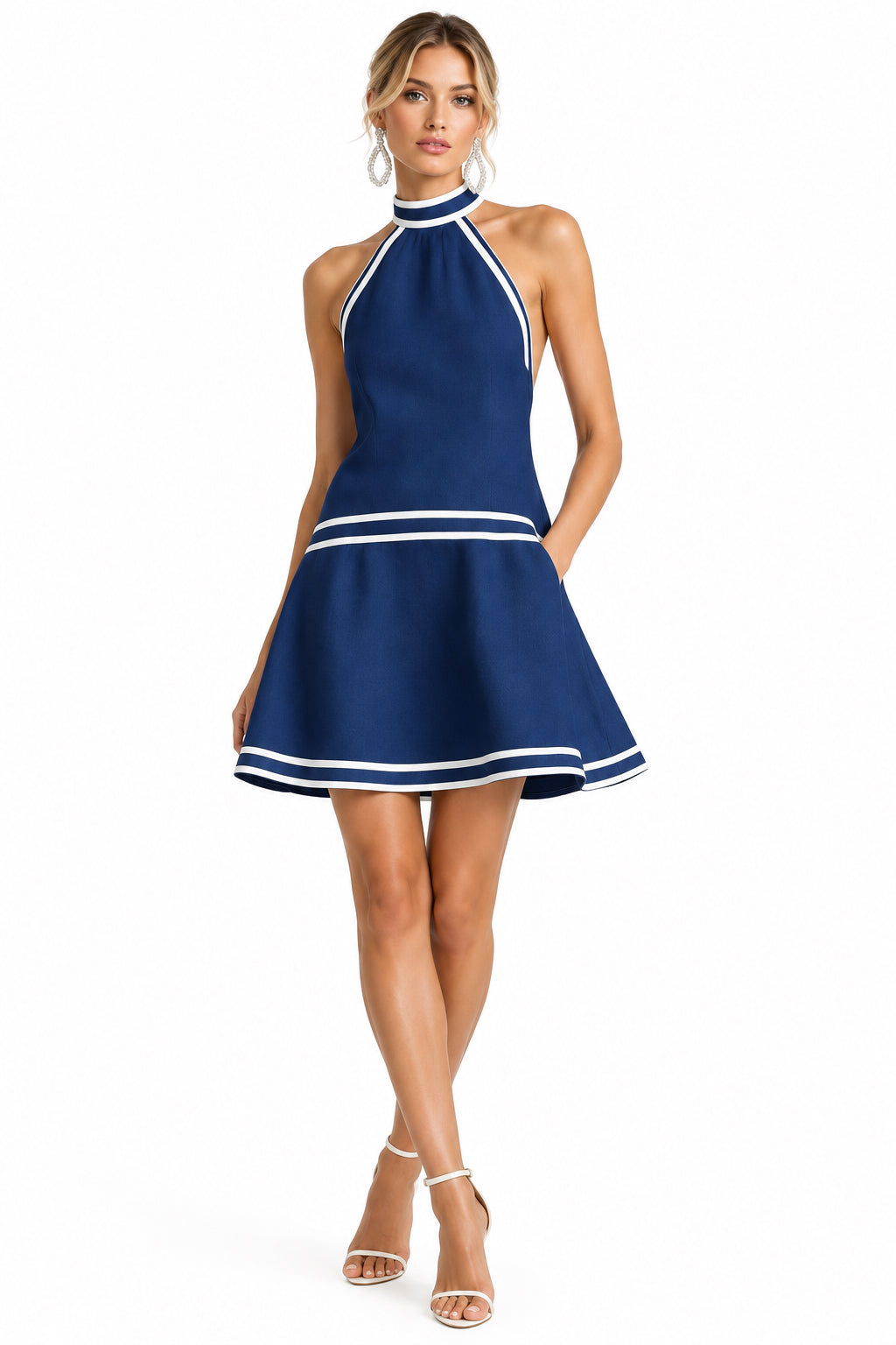 Halter Neck Striped Trim Sleeveless A-Line Midi Dress – Women's Sweet Casual Dress