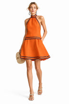 Halter Neck Striped Trim Sleeveless A-Line Midi Dress – Women's Sweet Casual Dress