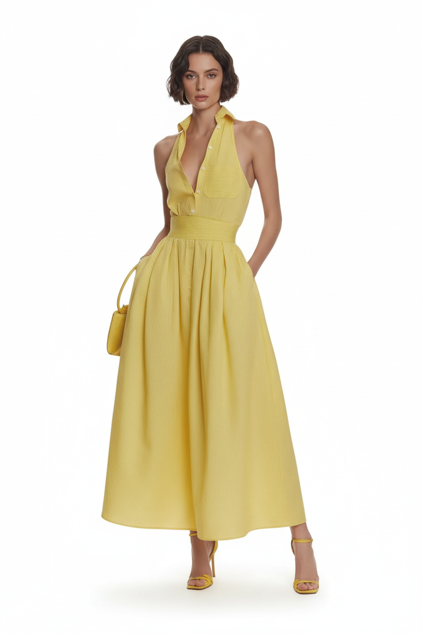 Sleeveless Maxi Dress with Pockets in Yellow