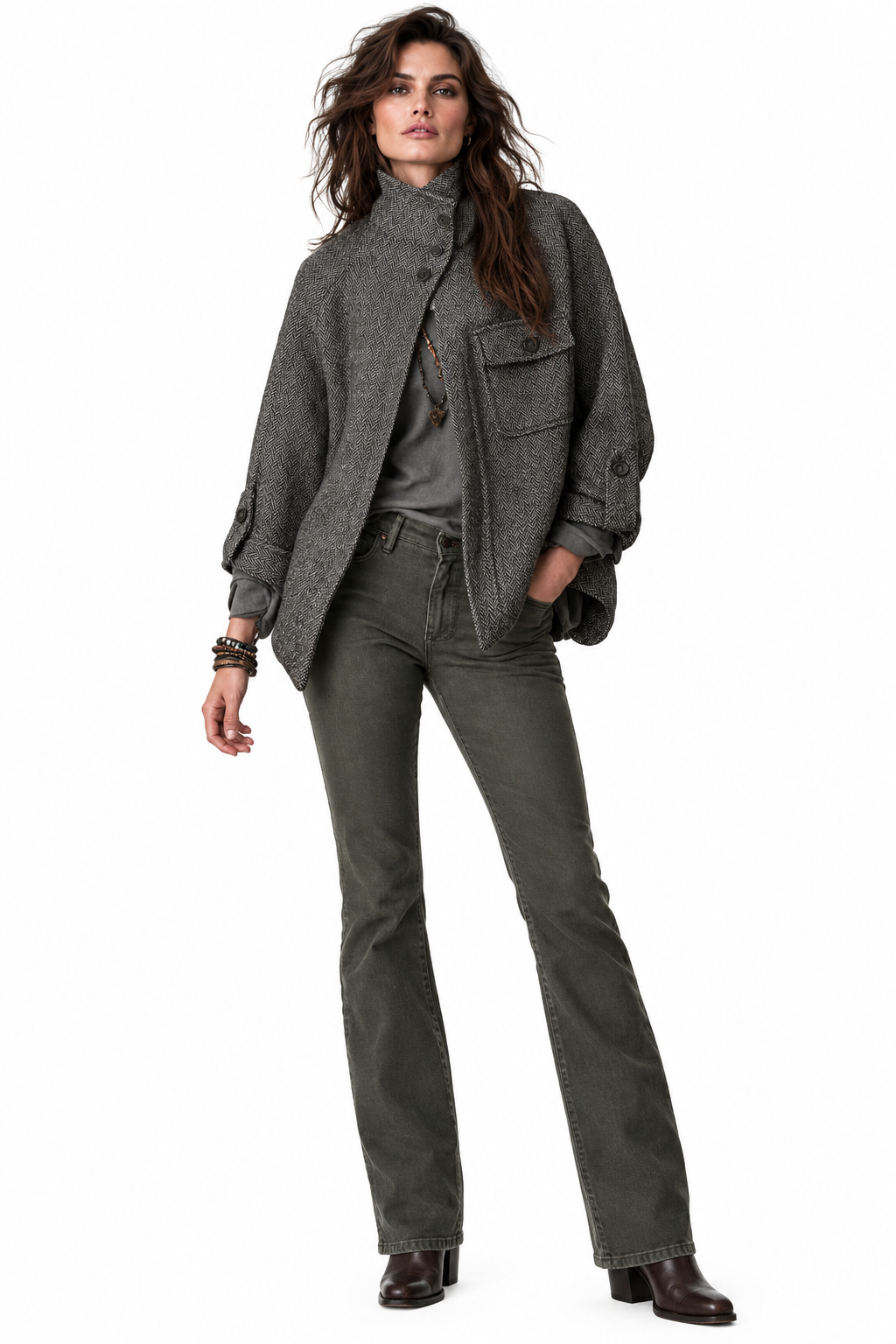 Vintage Oversized Herringbone Wool Coat For Women
