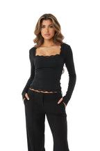 Lace Square Collar Long-Sleeve Slim Top