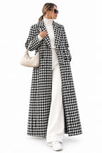 Houndstooth Suit-Collar Extra-Long Coat – Women's Classic Black Trench Coat