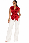 Satin Sleeveless Wrap Blouse with Side Tie – Women's Deep V Lapel Collar Top