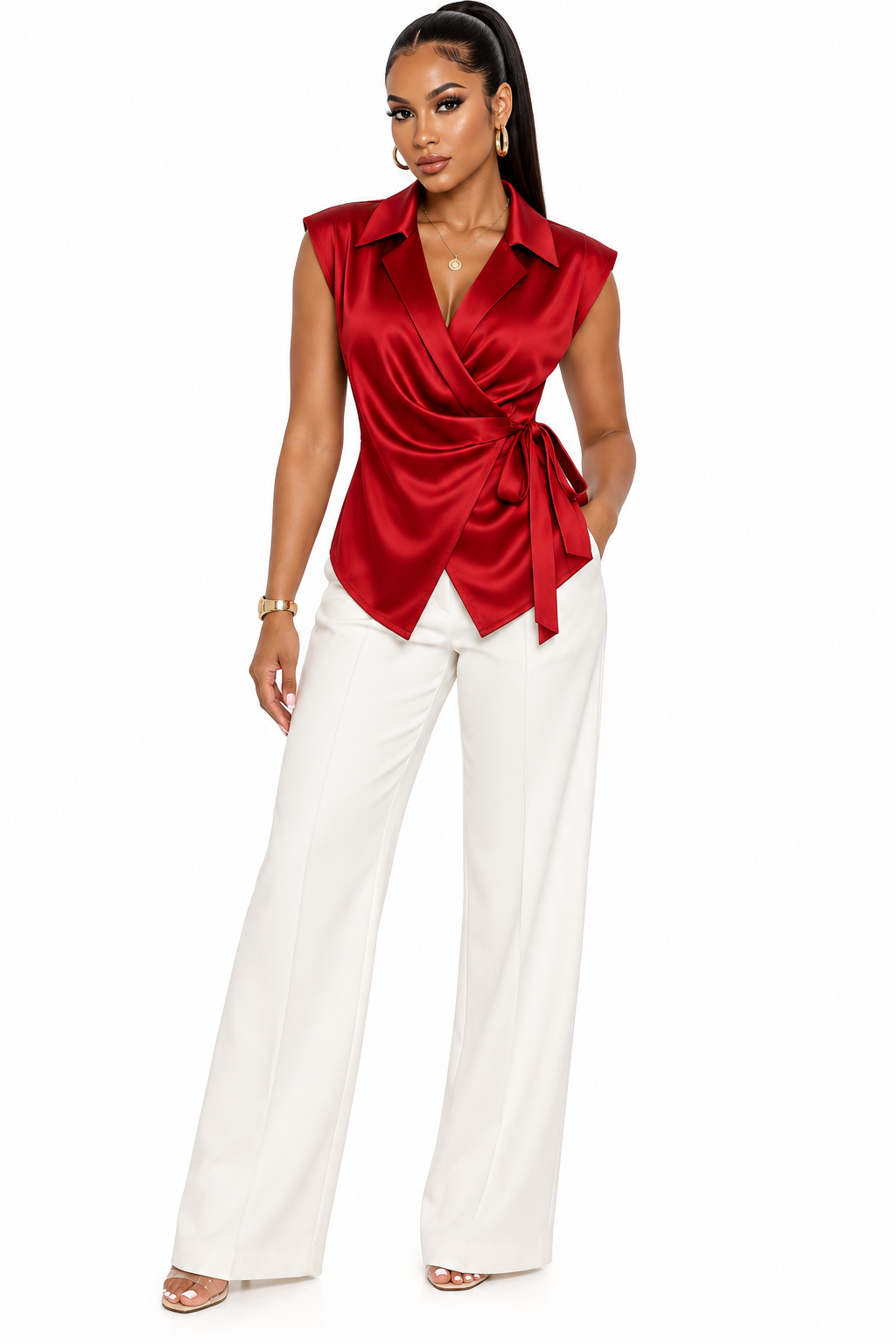 Satin Sleeveless Wrap Blouse with Side Tie – Women's Deep V Lapel Collar Top