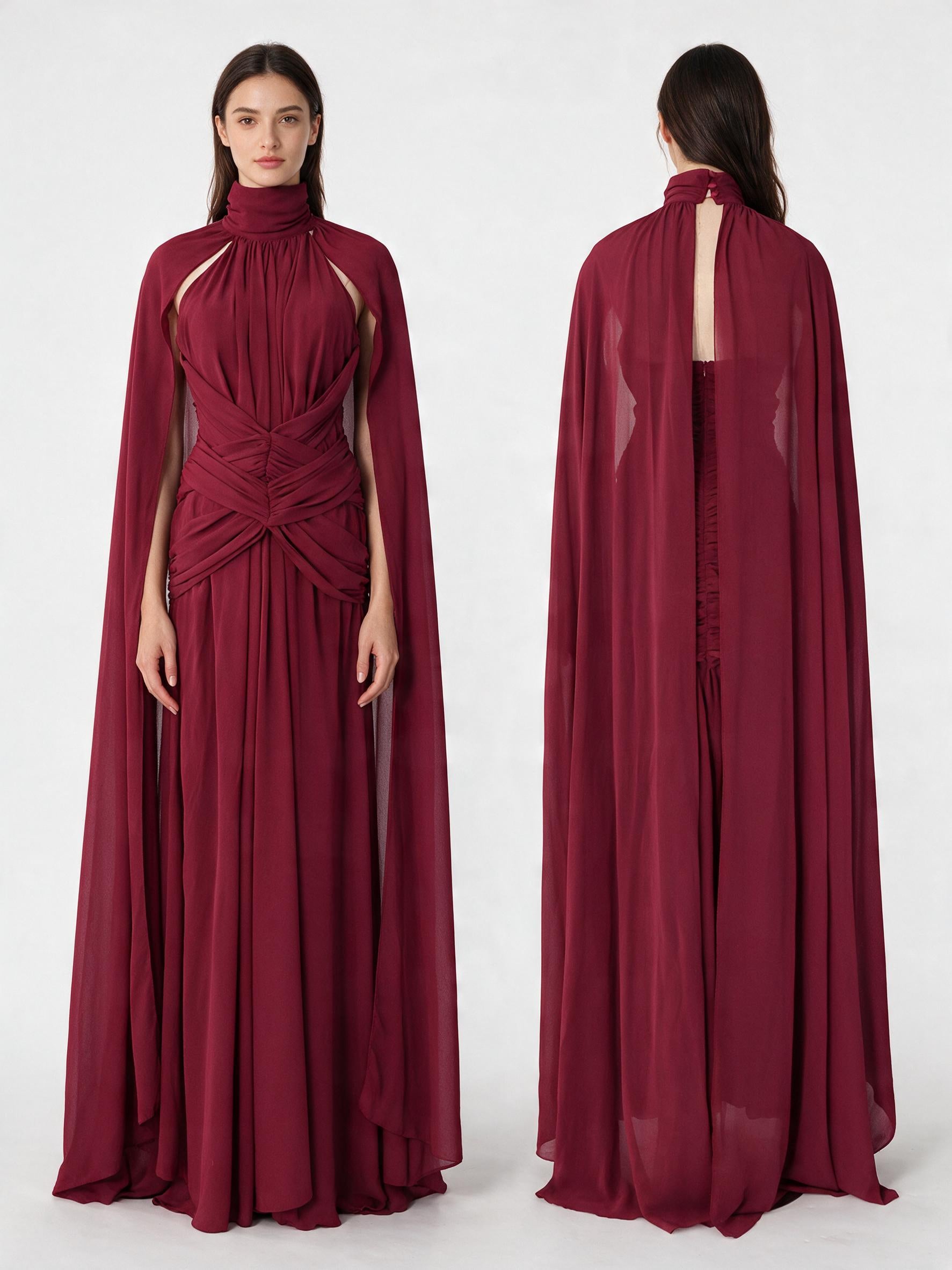 Ruched Halter Neck Cape Maxi Dress