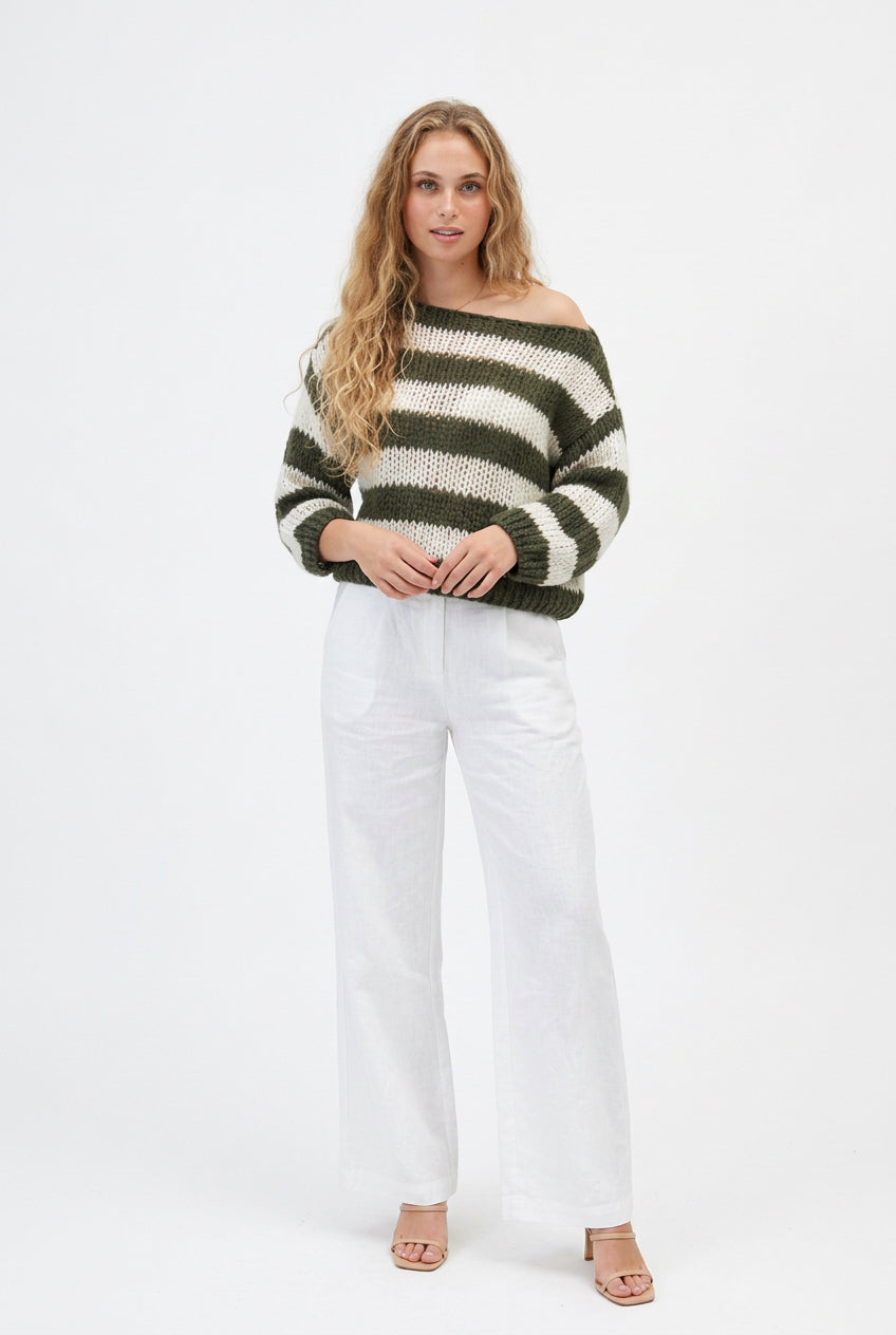Women's Striped Oversized Pullover Sweater in Army Green