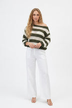 Women's Striped Oversized Pullover Sweater in Army Green
