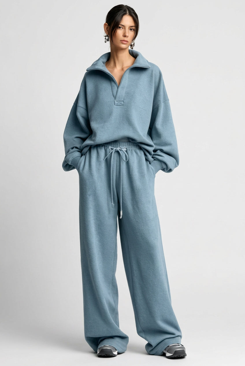 Relaxed Collared Top & Drawstring Straight-Leg Pants Set in Sky Blue