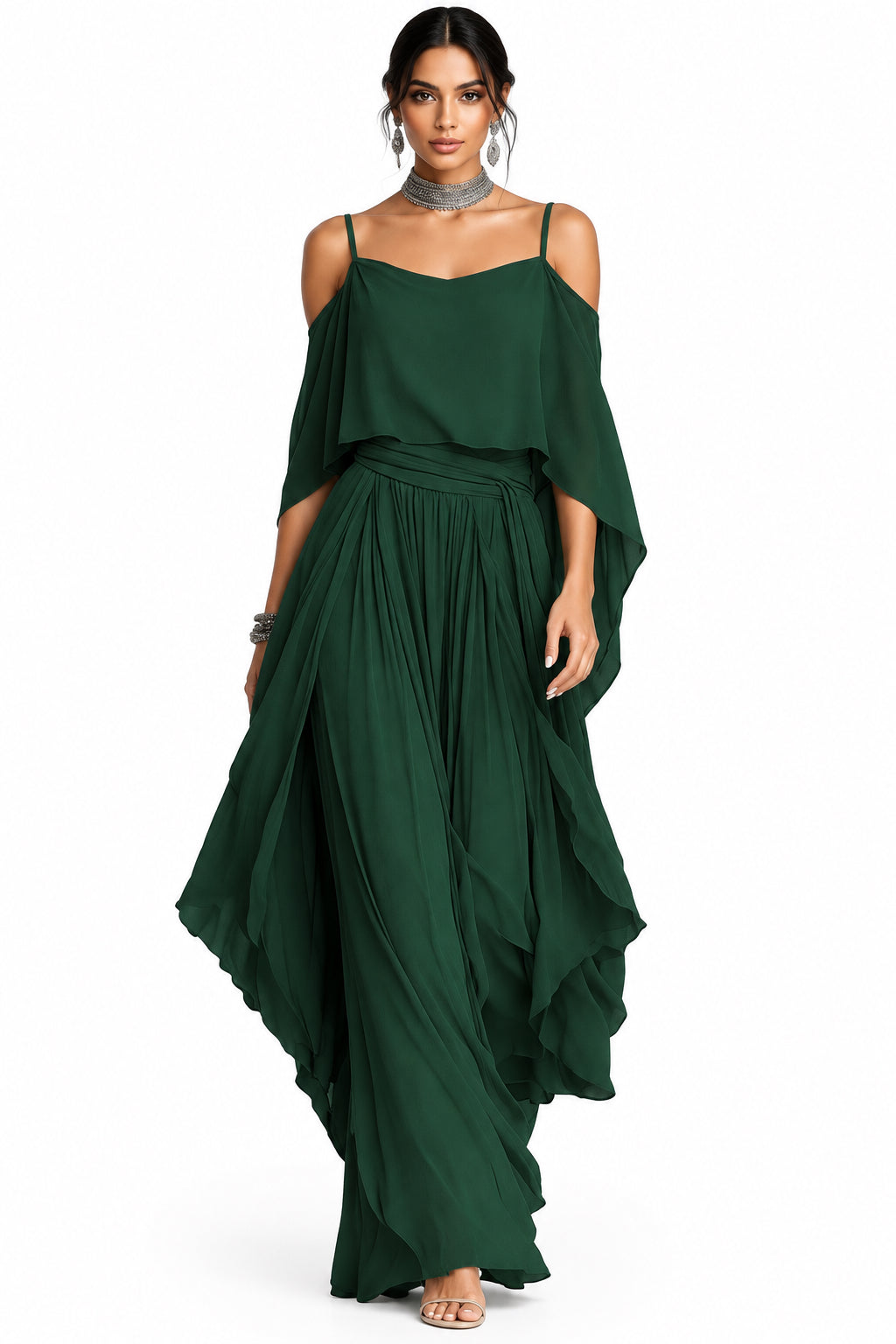 Gray Chiffon Off-Shoulder Cami & Wide-Leg Pants Set in Dark green