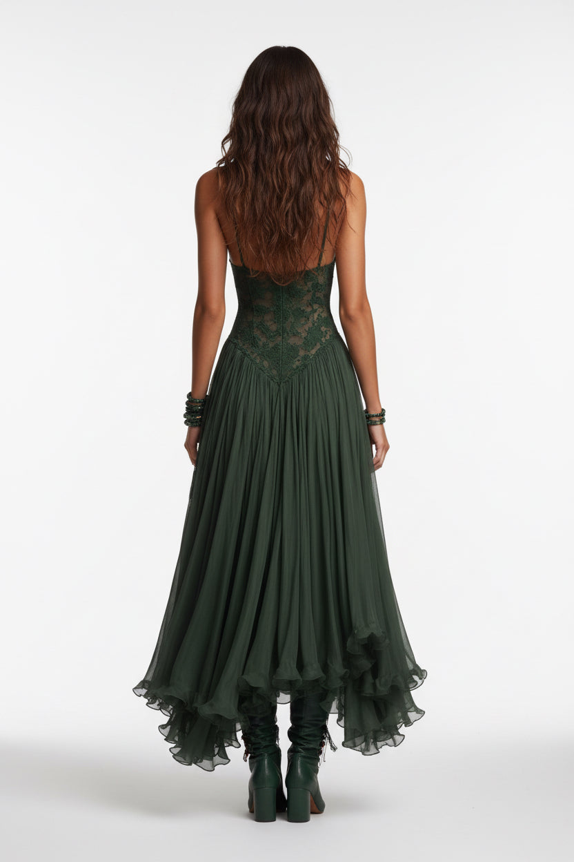 Women's Chiffon Printed Spaghetti Strap Maxi Dress – Slim Fit Retro Flowing Dress