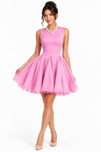 Round Neck Sleeveless Pleated Cut-Out Slim-Fit Mini Dress – Women's Sweet Casual Dress in Pink