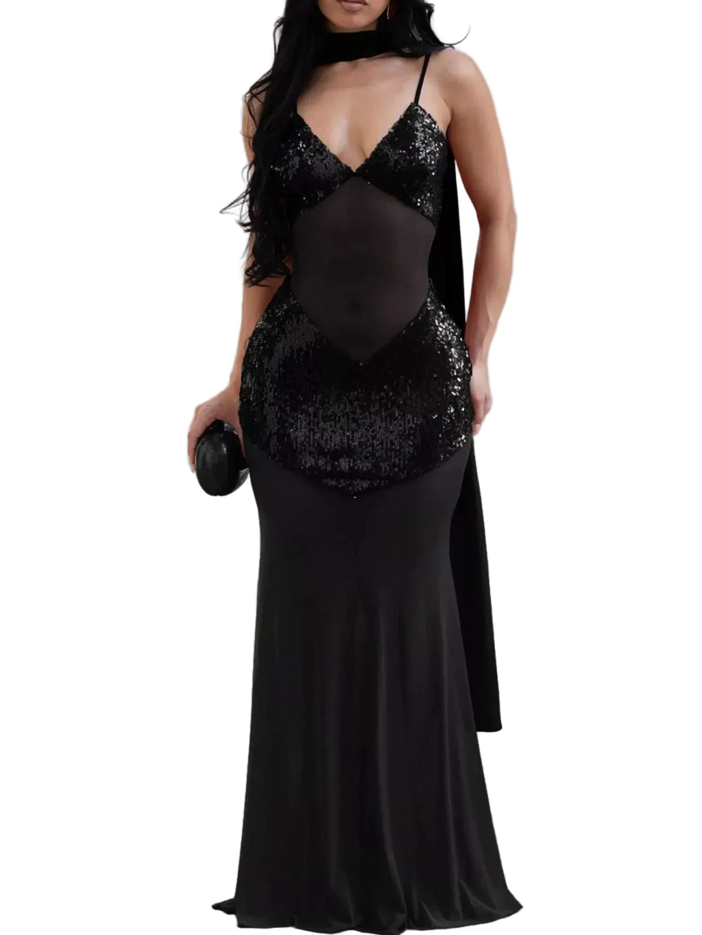 Sequin V-Neck Sheer Mesh Maxi Dress in Black