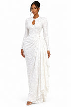 Jacquard Maxi Dress – Long Sleeve Ruched Bodycon with Tie Ribbon
