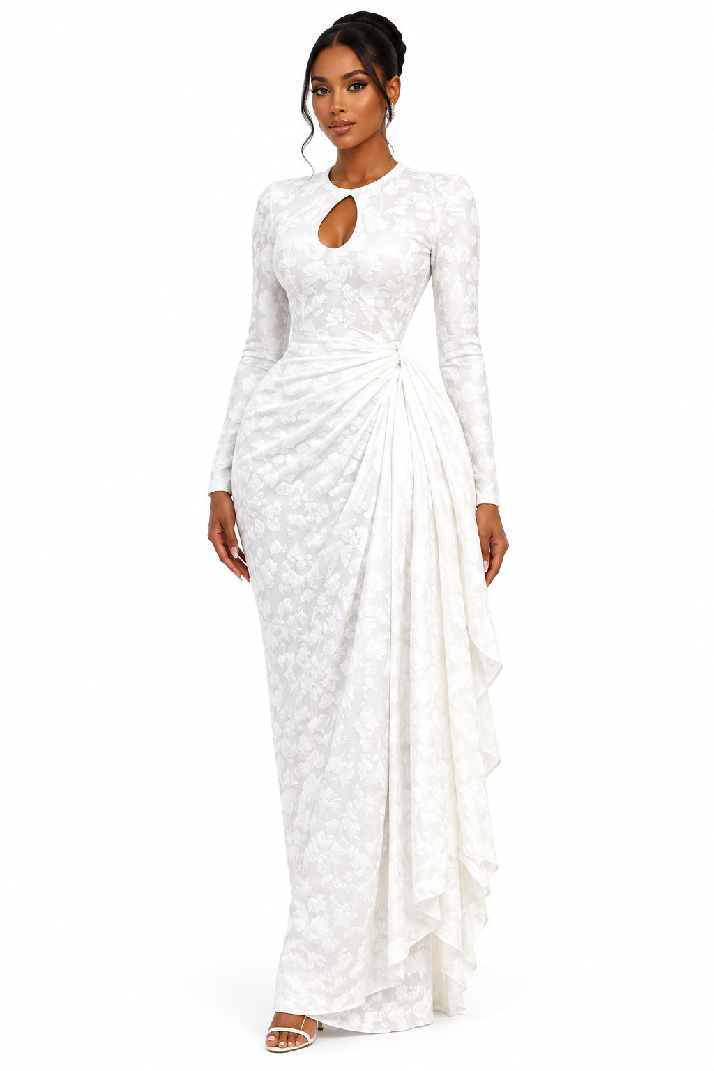 Jacquard Maxi Dress – Long Sleeve Ruched Bodycon with Tie Ribbon