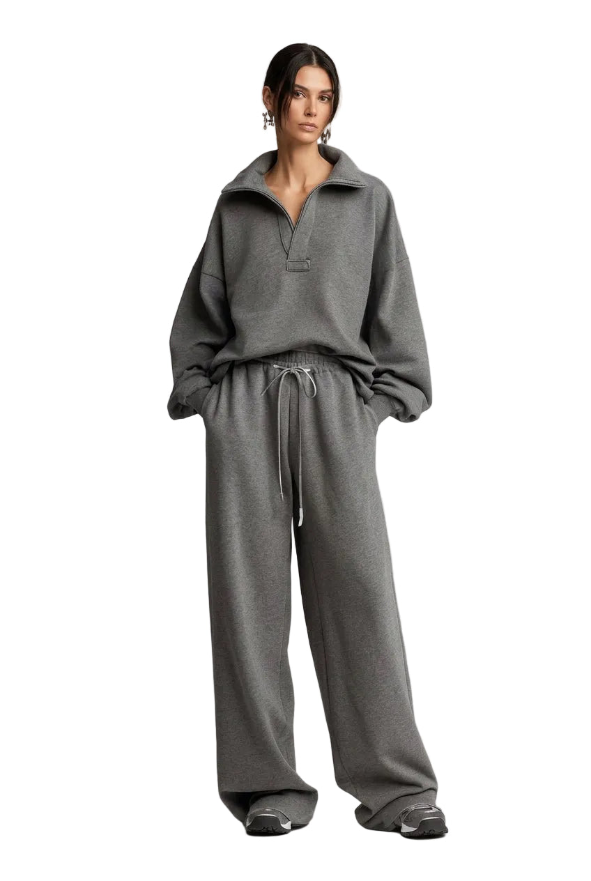 Relaxed Collared Top & Drawstring Straight-Leg Pants Set