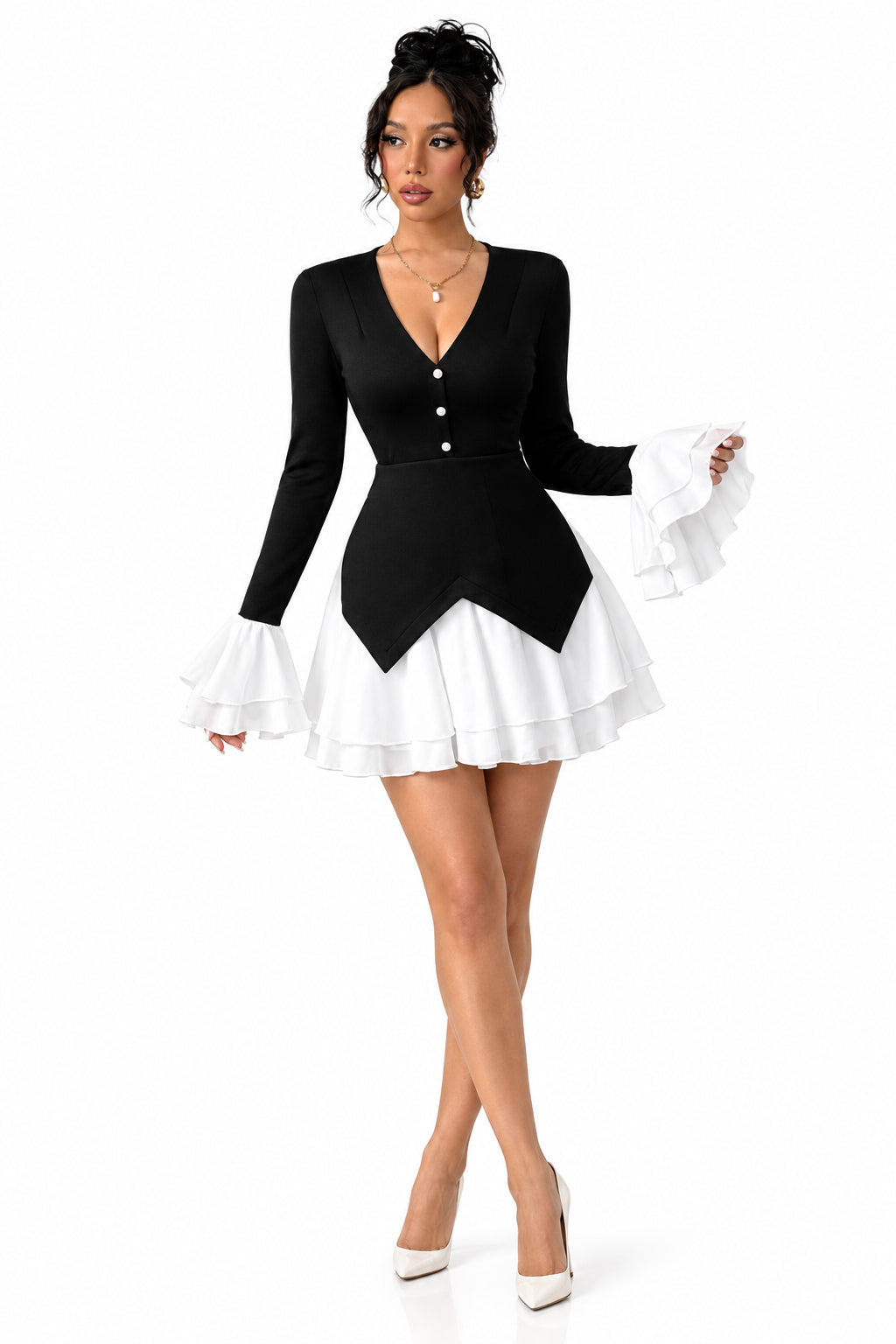 Color-Block Faux Two-Piece Pleated Ruffle Trim A-Line Mini Dress – Women's Elegant Long Sleeve Dress